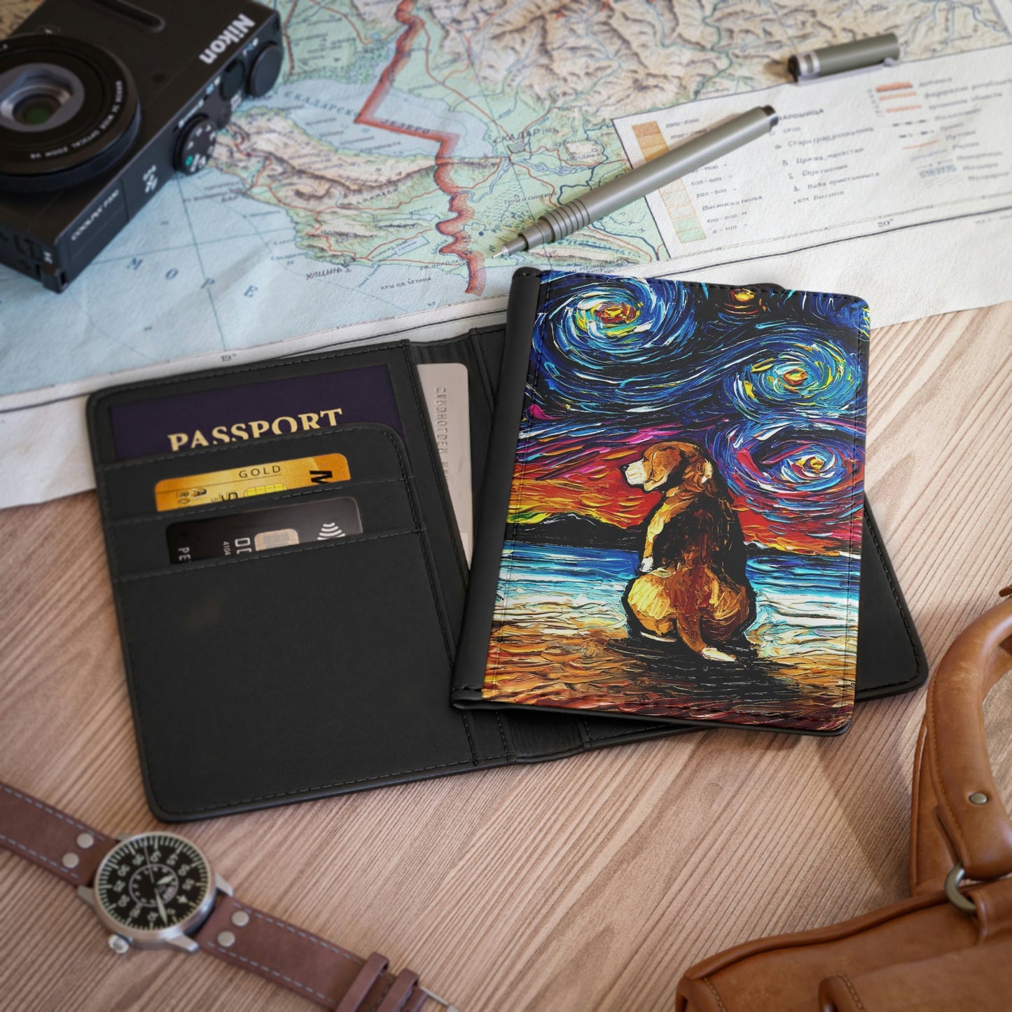 Passport Cover Beagle at the Beach Starry Night Dog