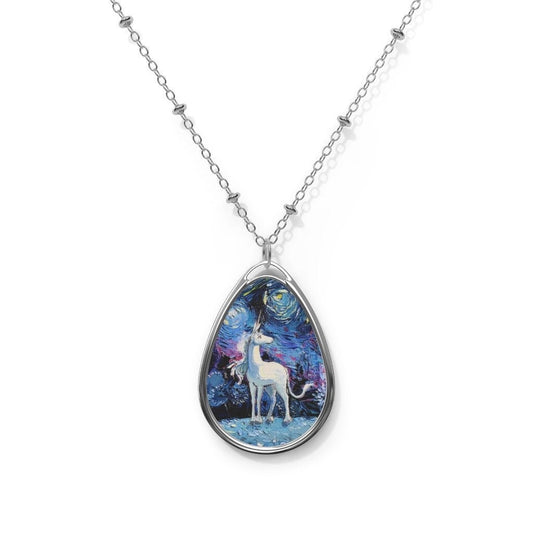 Unicorn Starry Night 1.5x1 inch Oval Pendant on 20.47 inch Chain Necklace Hypoallergenic Jewelry Featuring Fantasy Art by Aja