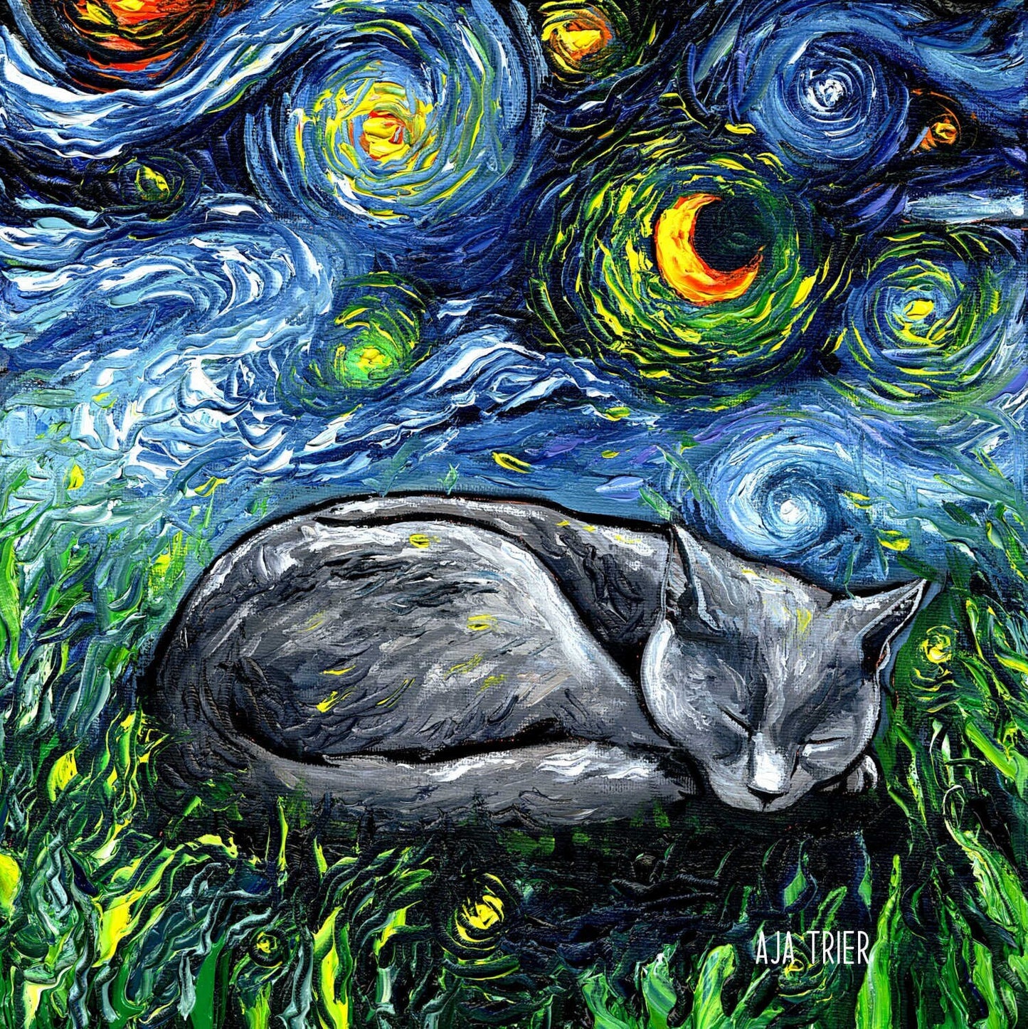 Russian Blue Cat Canvas Print Starry Night Cat Lover Gift Starry Cat Print Gallery Wall Art Impressionist Cat Mom Home Decor Artwork