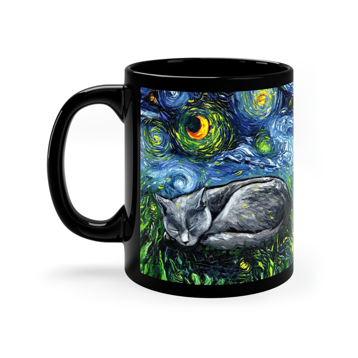 Starry Night Sleeping Russian Blue Cat Ceramic Coffee Mug Artisan Pet Lover Novelty Cup Unique cat Mom Drinkware Aesthetic Hot Tea Cup