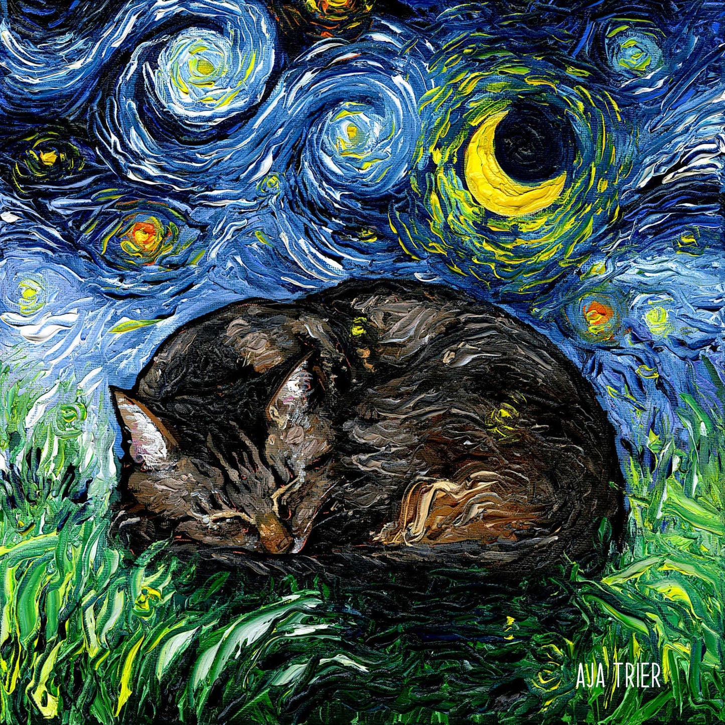 Cat Starry Night Painting Print Sleeping Brown Tabby Cat Lover Gift Starry Night Cat Print Gallery Wall Art Colorful Cat Home Decor Pet Mom