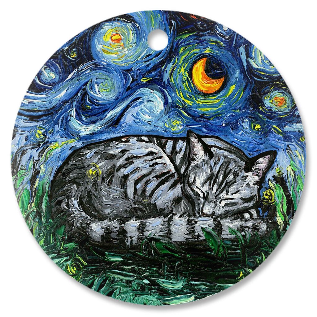 Sleeping Gray Tabby Cat Starry Night Ornament Printed On Both Sides Ceramic Heirloom Pet Memorial Gift