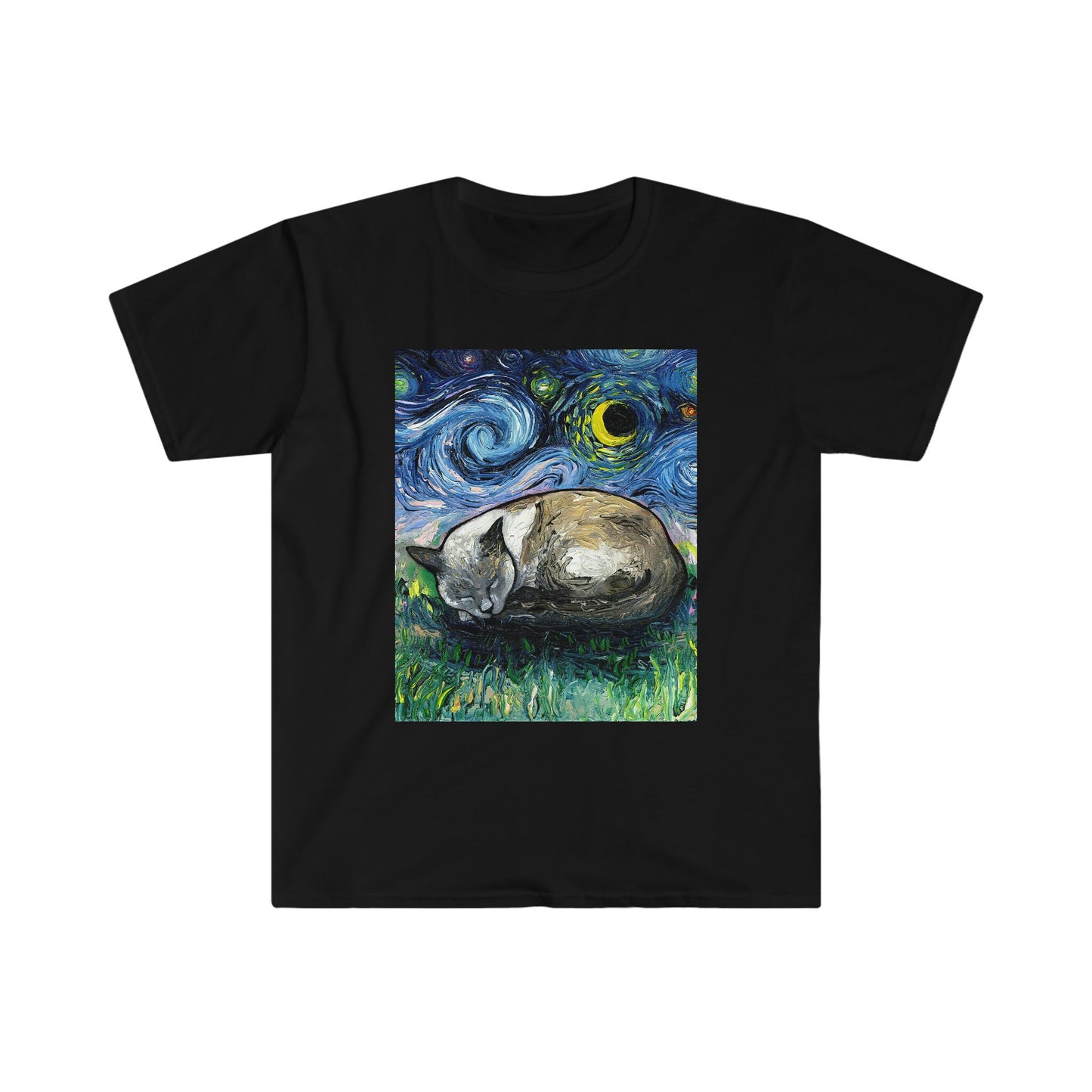 Shirt  Sleeping Siamese Cat Starry Night ShortSleeve Unisex TShirt Art by Aja Soft top clothing Apparel
