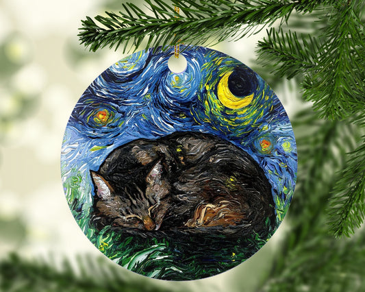 Sleeping Brown Tabby Cat Starry Night Ornament Printed On Both Sides Ceramic Heirloom Pet Memorial Gift