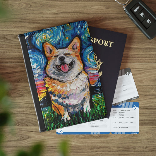 Passport Cover  Smiling Corgi Starry Night Dog