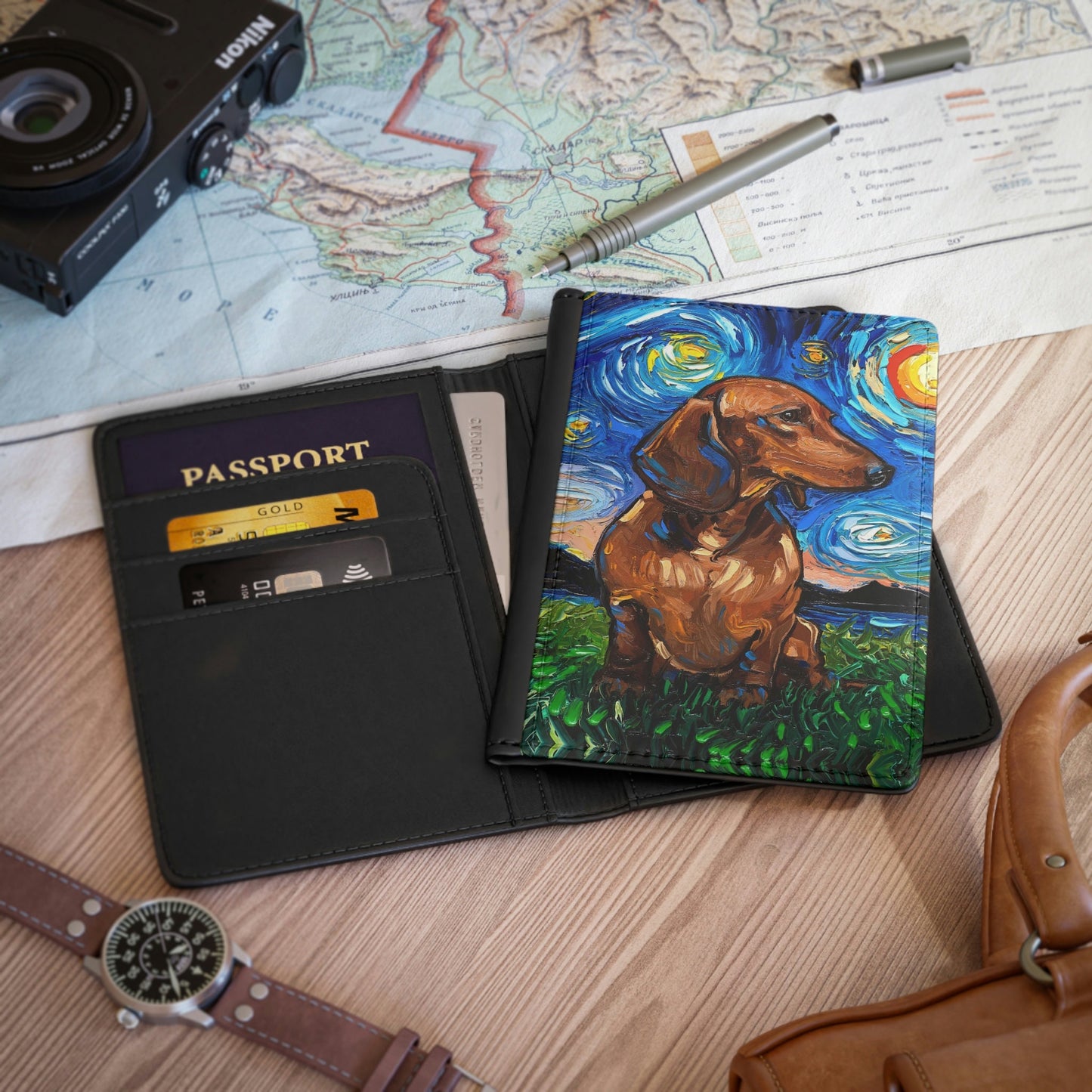 Passport Cover Brown Short Hair Dachshund Starry Night Dog