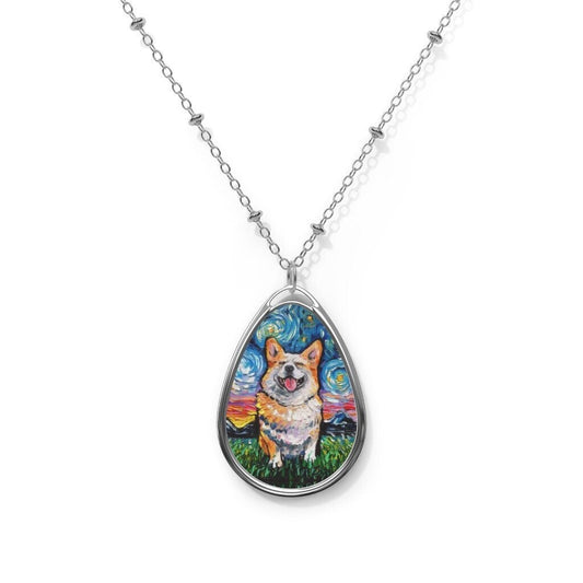 Smiling Pembroke Welsh Corgi Starry Night Dog 1.5x1 inch Oval Pendant on 20.47 inch Chain Necklace Jewelry Featuring Art by Aja