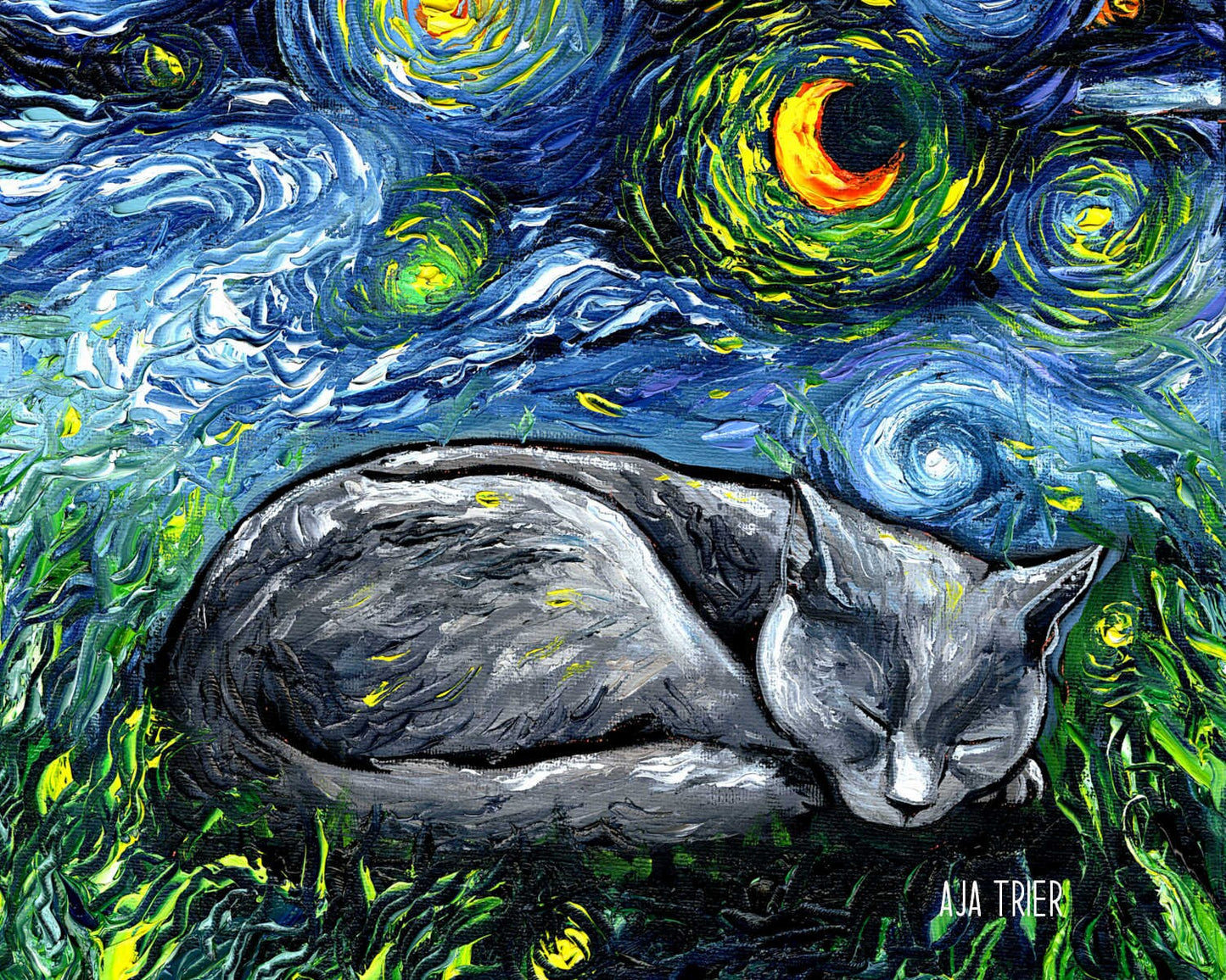 Russian Blue Cat Canvas Print Starry Night Cat Lover Gift Starry Cat Print Gallery Wall Art Impressionist Cat Mom Home Decor Artwork
