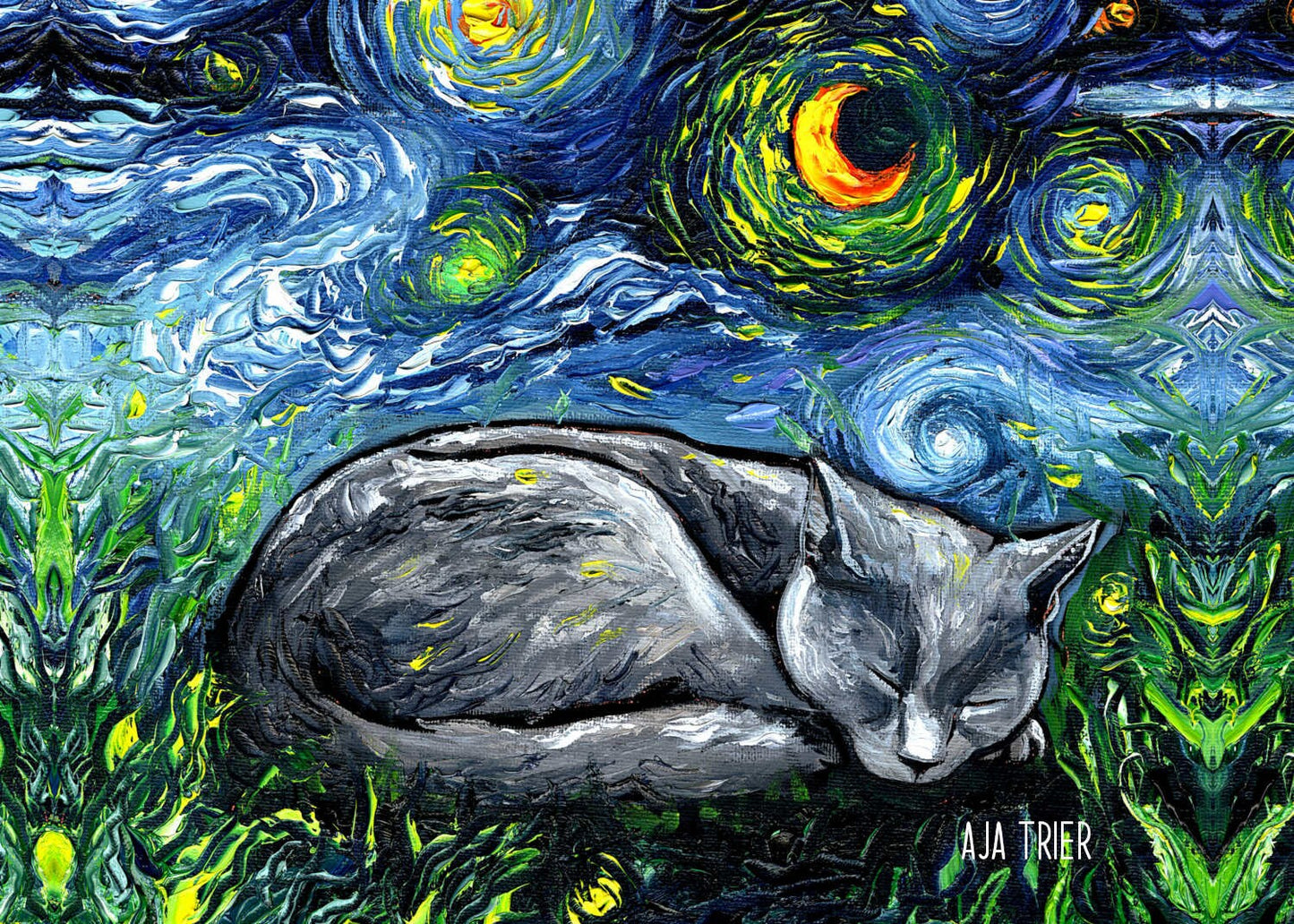 Russian Blue Cat Canvas Print Starry Night Cat Lover Gift Starry Cat Print Gallery Wall Art Impressionist Cat Mom Home Decor Artwork