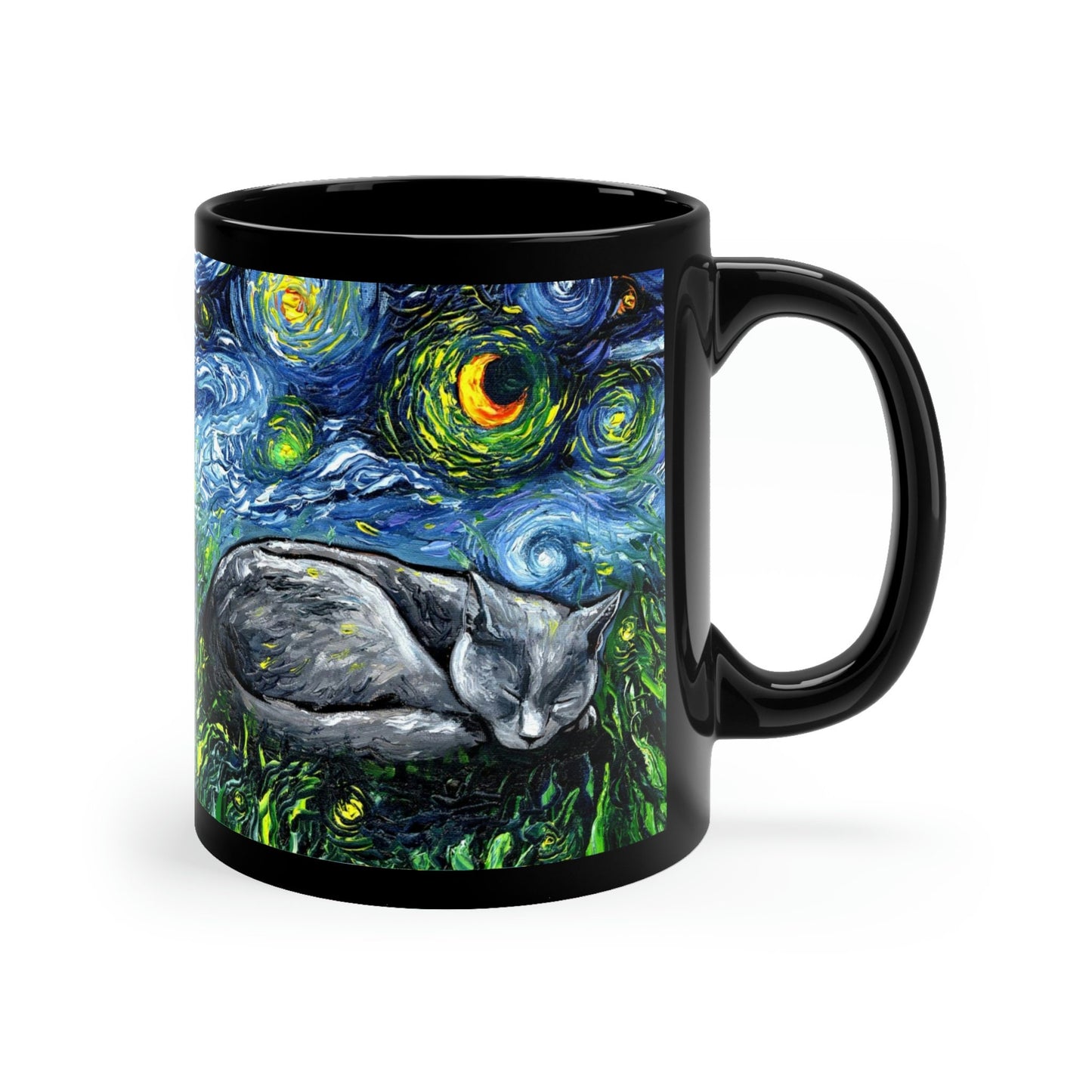 Starry Night Sleeping Russian Blue Cat Ceramic Coffee Mug Artisan Pet Lover Novelty Cup Unique cat Mom Drinkware Aesthetic Hot Tea Cup