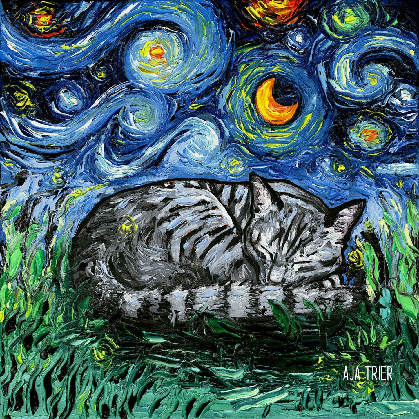 Tabby Cat Canvas Print Starry Night Gray Tabby Cat Lover Gift Starry Cat Print Gallery Wall Art Impressionist Cat Mom Home Decor Artwork