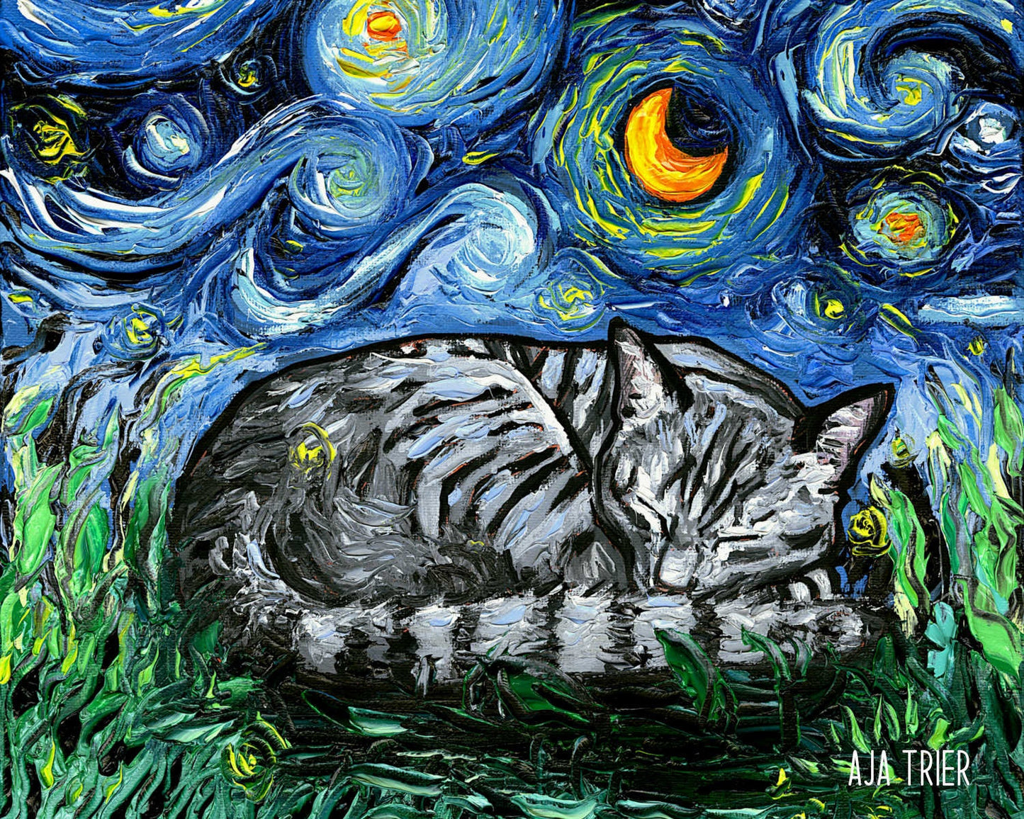 Tabby Cat Canvas Print Starry Night Gray Tabby Cat Lover Gift Starry Cat Print Gallery Wall Art Impressionist Cat Mom Home Decor Artwork