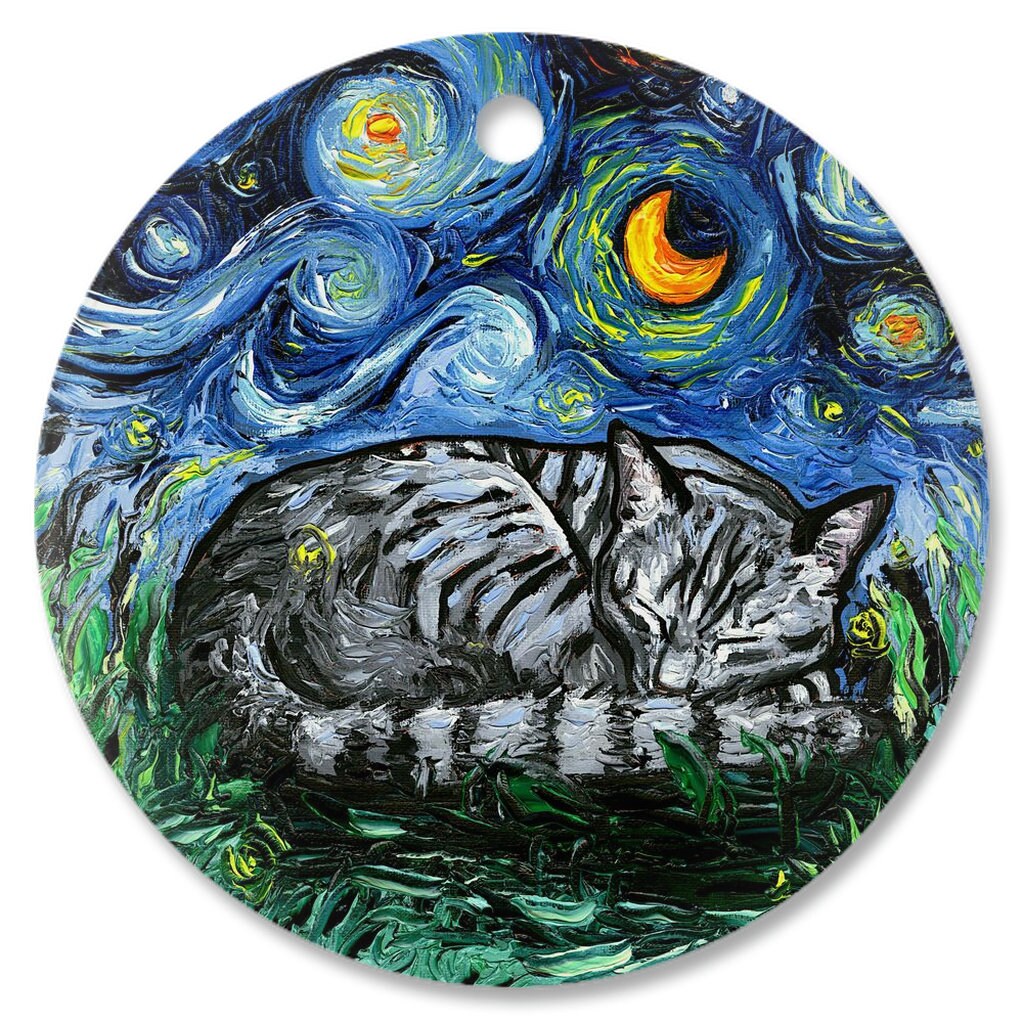 Sleeping Gray Tabby Cat Starry Night Ornament Printed On Both Sides Ceramic Heirloom Pet Memorial Gift