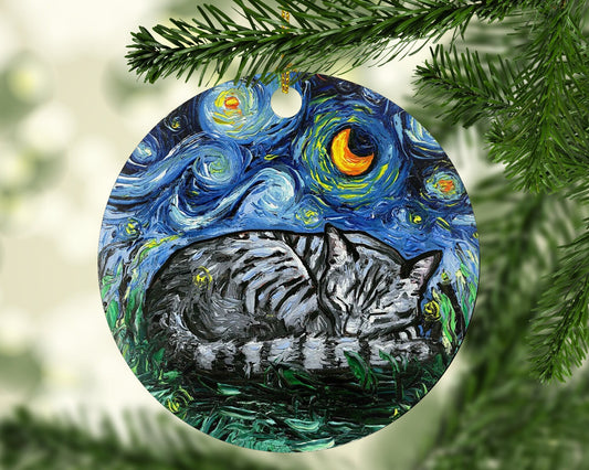Sleeping Gray Tabby Cat Starry Night Ornament Printed On Both Sides Ceramic Heirloom Pet Memorial Gift