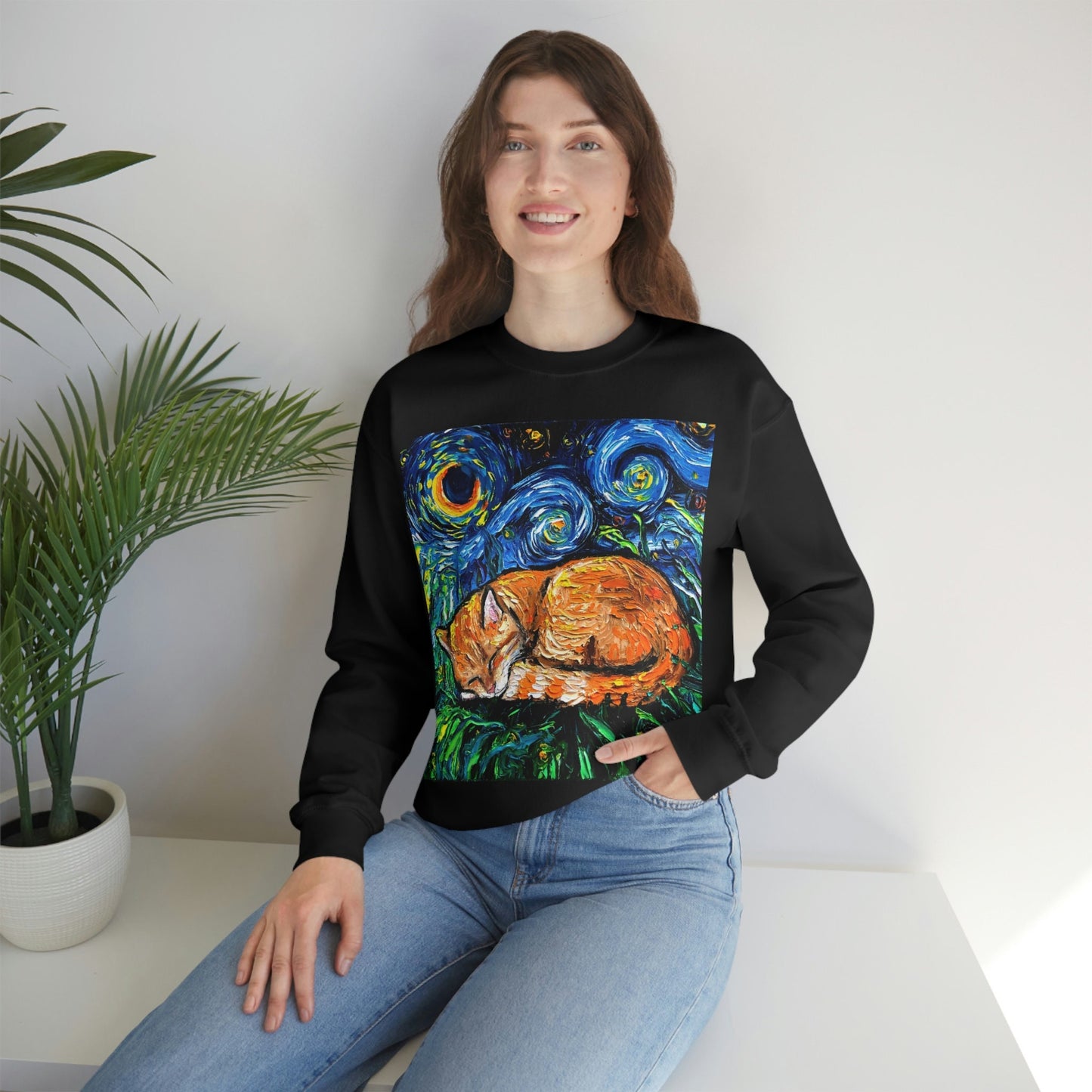 Unisex Heavy Blend Crewneck Sweatshirt Sleeping Orange Tabby Cat Starry Night Art by Aja clothing Long Sleeve Shirt