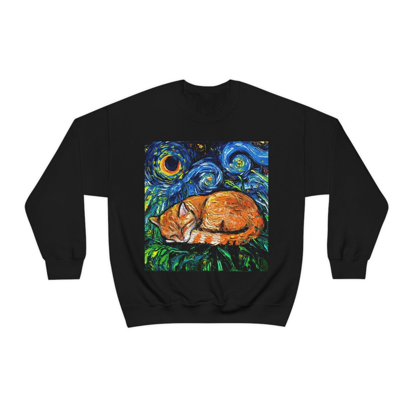 Unisex Heavy Blend Crewneck Sweatshirt Sleeping Orange Tabby Cat Starry Night Art by Aja clothing Long Sleeve Shirt
