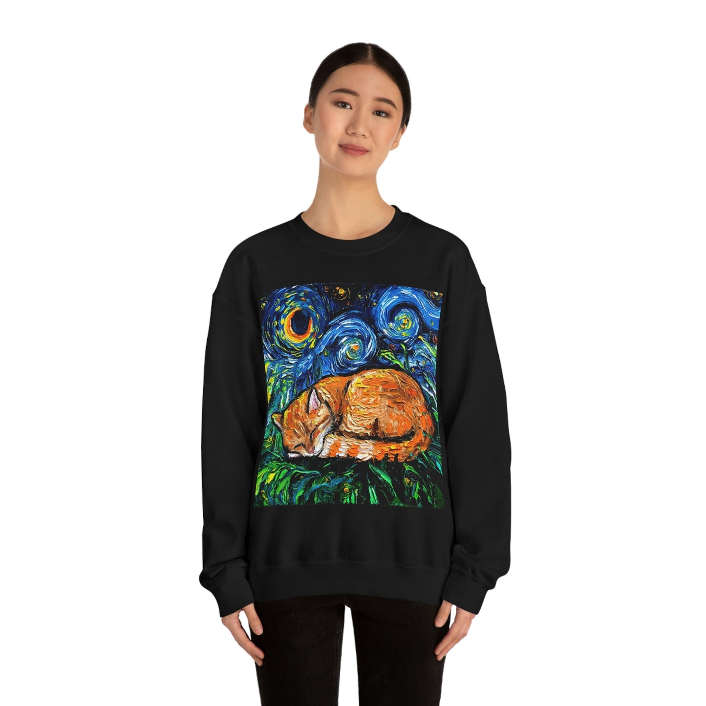 Unisex Heavy Blend Crewneck Sweatshirt Sleeping Orange Tabby Cat Starry Night Art by Aja clothing Long Sleeve Shirt