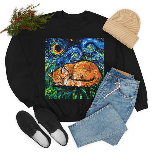 Unisex Heavy Blend Crewneck Sweatshirt Sleeping Orange Tabby Cat Starry Night Art by Aja clothing Long Sleeve Shirt