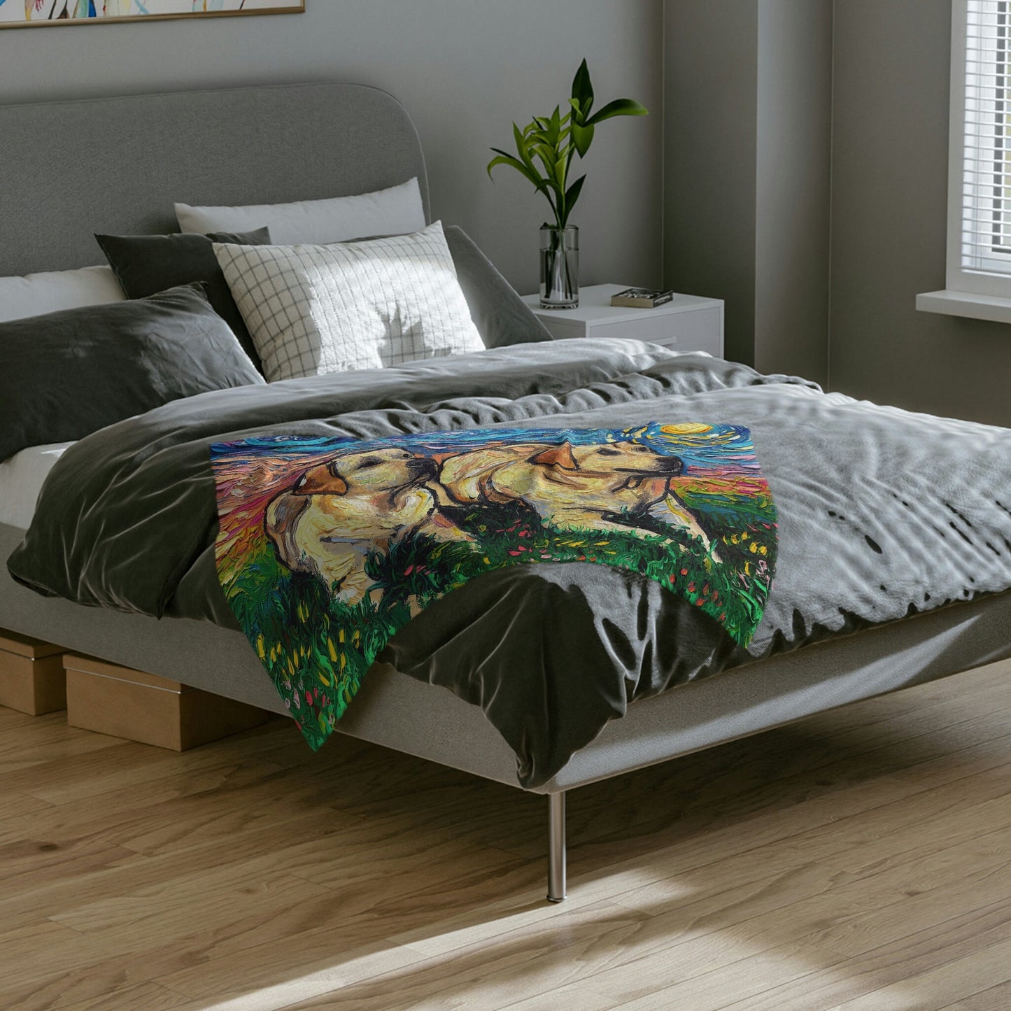 Minky Blanket Two Yellow Labradors Starry Night Art Throw