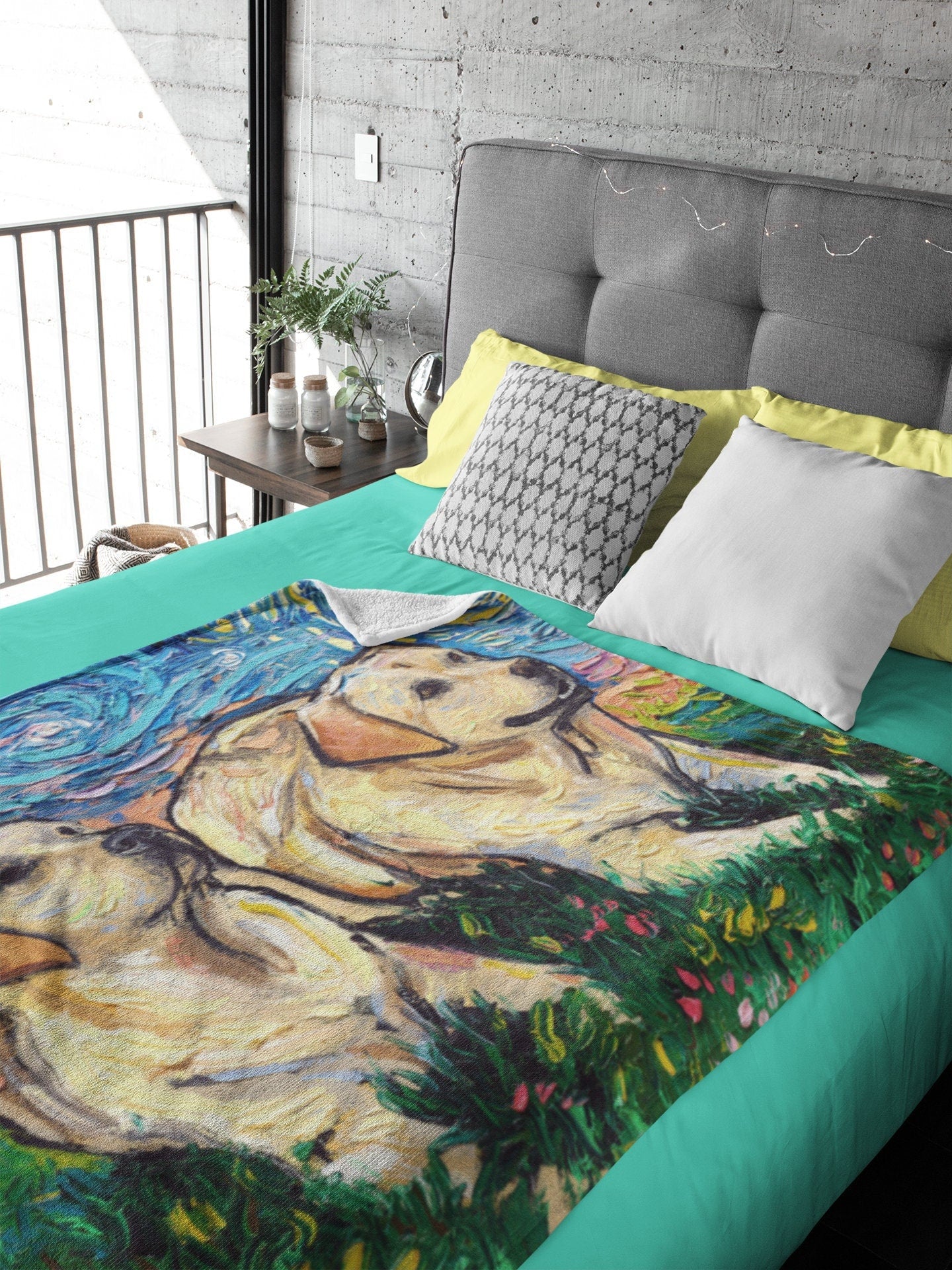 Minky Blanket Two Yellow Labradors Starry Night Art Throw