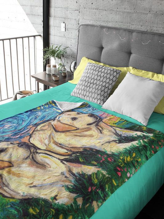 Minky Blanket Two Yellow Labradors Starry Night Art Throw