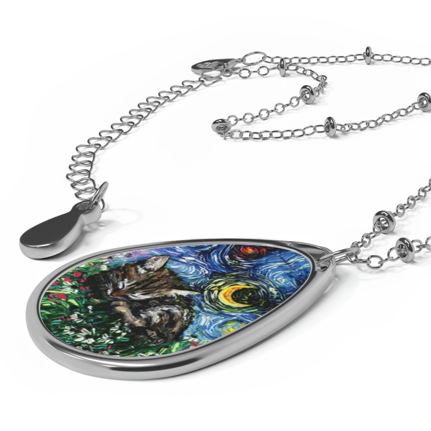 Sleeping Tabby Kitten and Flowers Starry Night Cat 1.5x1 inch Oval Pendant on 20.47 inch Chain Necklace Jewelry Art by Aja