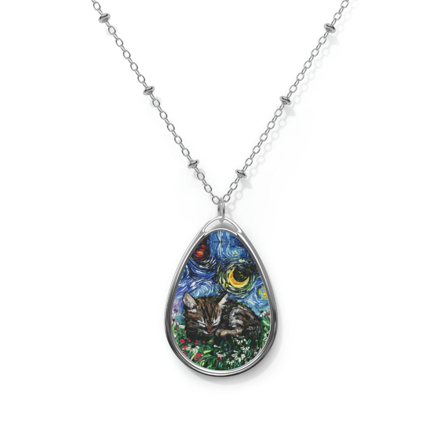 Sleeping Tabby Kitten and Flowers Starry Night Cat 1.5x1 inch Oval Pendant on 20.47 inch Chain Necklace Jewelry Art by Aja