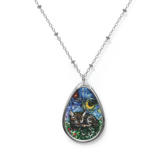 Sleeping Tabby Kitten and Flowers Starry Night Cat 1.5x1 inch Oval Pendant on 20.47 inch Chain Necklace Jewelry Art by Aja