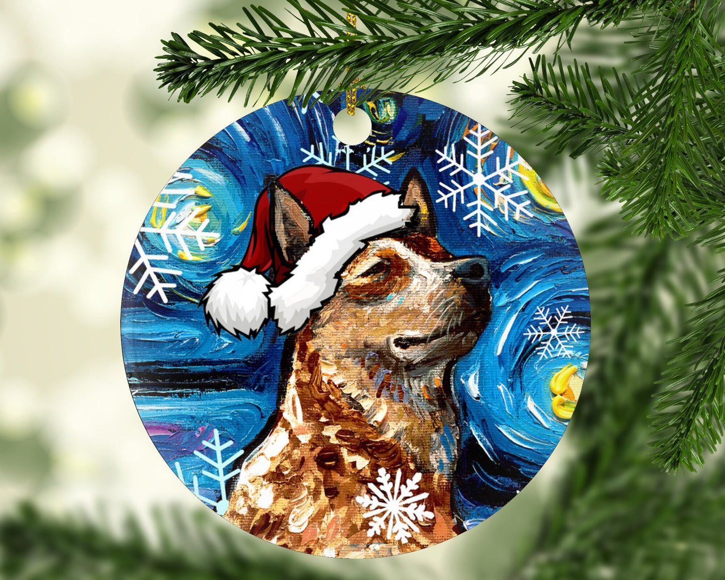 Red Heeler Christmas Ornament Starry Night Holiday Tree Dog Lover Gift Heirloom Keepsake Christmas Decoration Cattle Dog Santa Hat Ornament