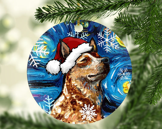 Red Heeler Christmas Ornament Starry Night Holiday Tree Dog Lover Gift Heirloom Keepsake Christmas Decoration Cattle Dog Santa Hat Ornament