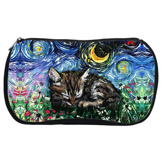 Cosmetic Bag  Sleeping Tabby Kitten Starry Night Neoprene Rubber Colorful Kitty Makeup Pouch Travel Bag Art By Aja
