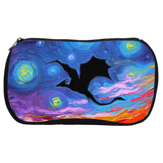Cosmetic Bag  The Guardian Dragon Silhouette Neoprene Rubber Makeup Pouch Travel Bag Colorful Abstract Fantasy Art By Aja
