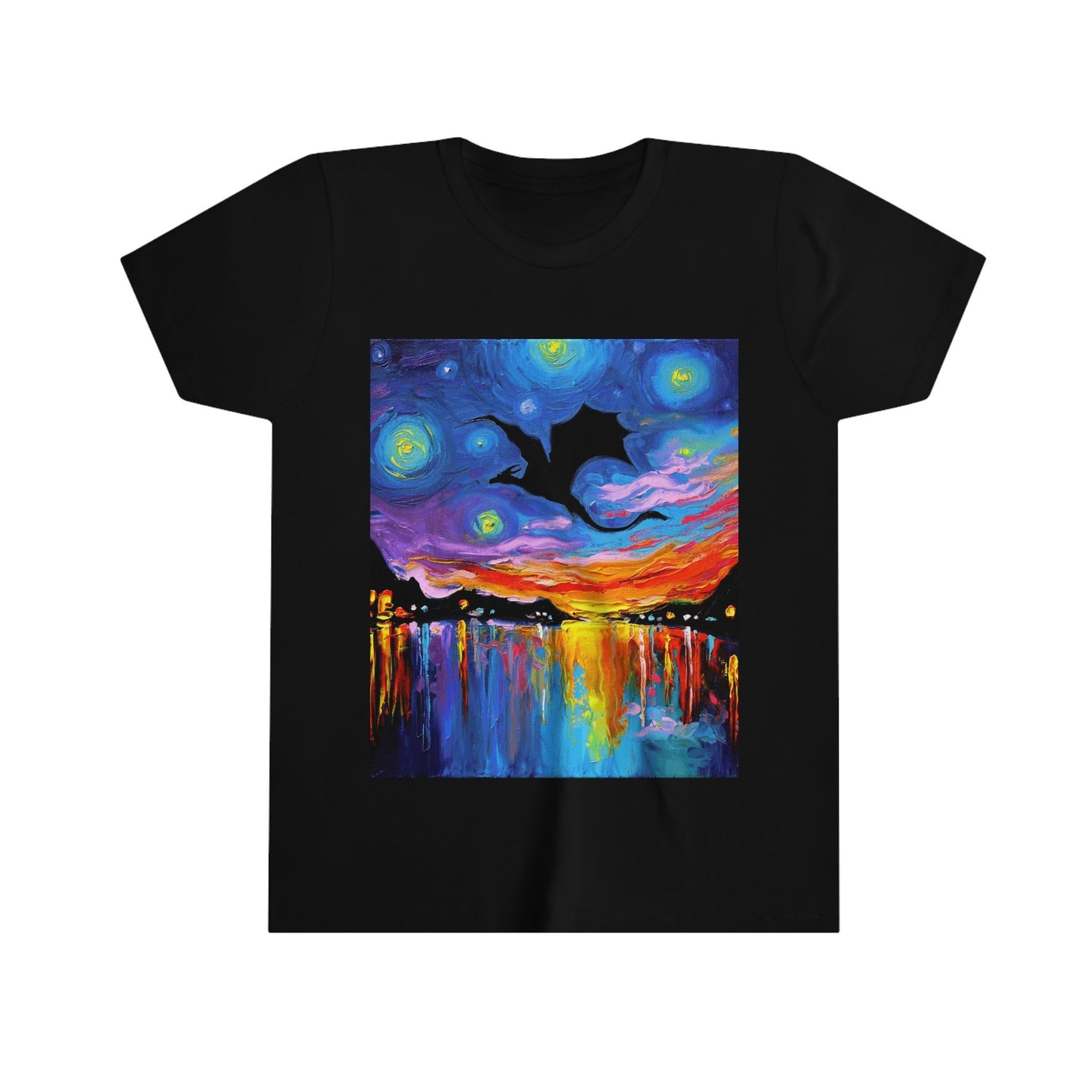 Youth Short Sleeve Tee  Flying Dragon Silhouette Starry Night Black or White ShortSleeve Kids Child TShirt Art by Aja top clothing