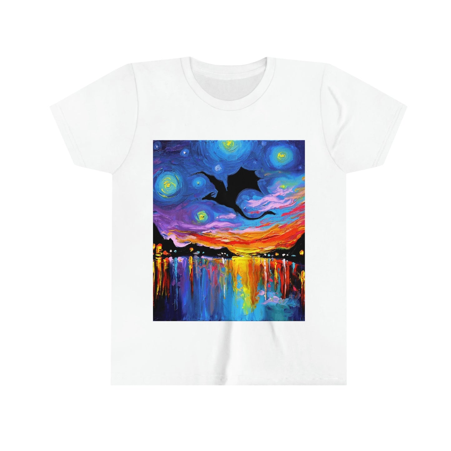 Youth Short Sleeve Tee  Flying Dragon Silhouette Starry Night Black or White ShortSleeve Kids Child TShirt Art by Aja top clothing