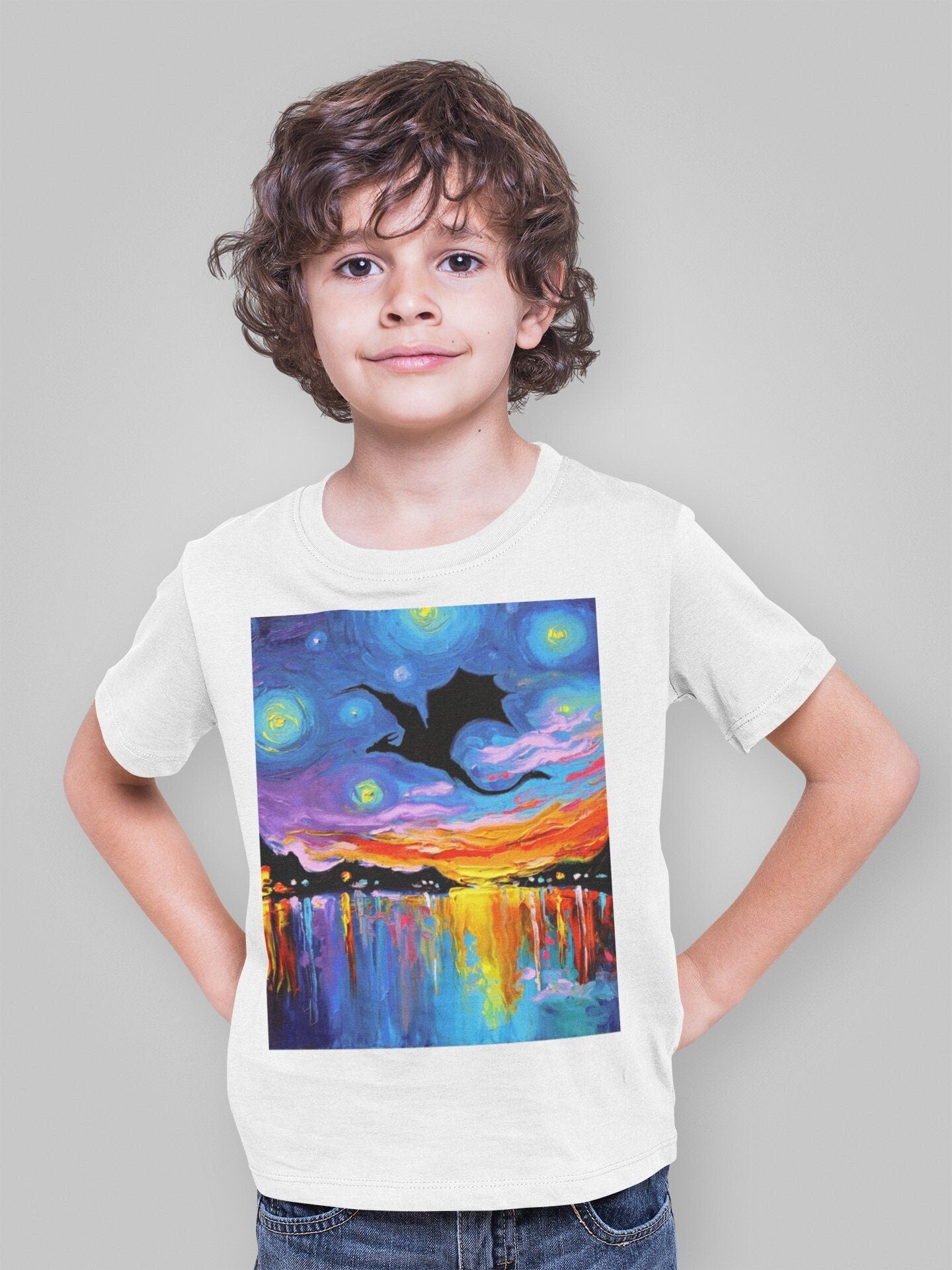 Youth Short Sleeve Tee  Flying Dragon Silhouette Starry Night Black or White ShortSleeve Kids Child TShirt Art by Aja top clothing