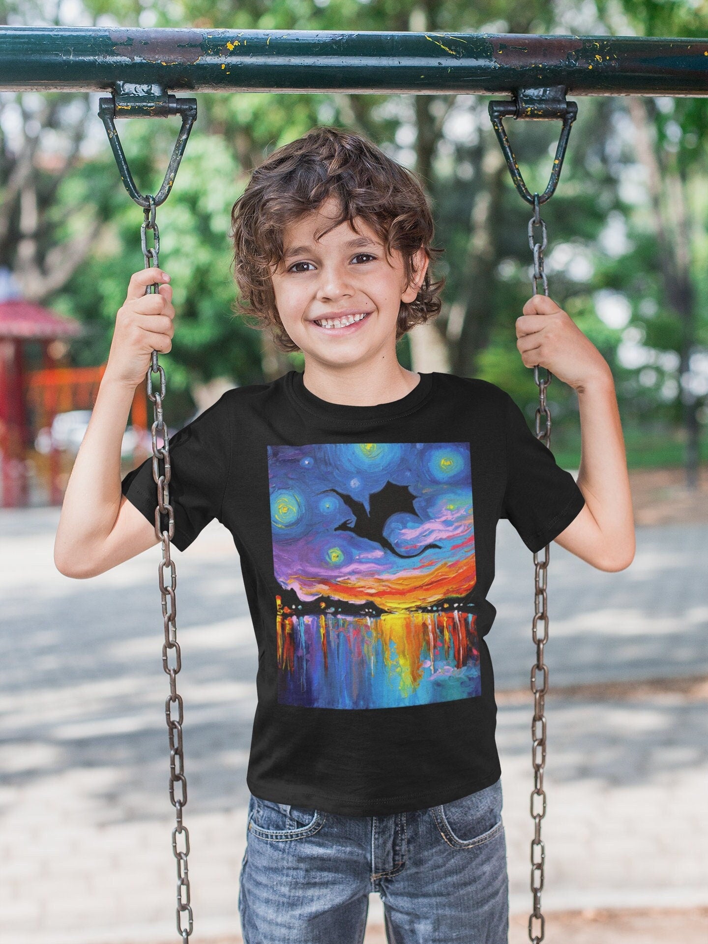 Youth Short Sleeve Tee  Flying Dragon Silhouette Starry Night Black or White ShortSleeve Kids Child TShirt Art by Aja top clothing