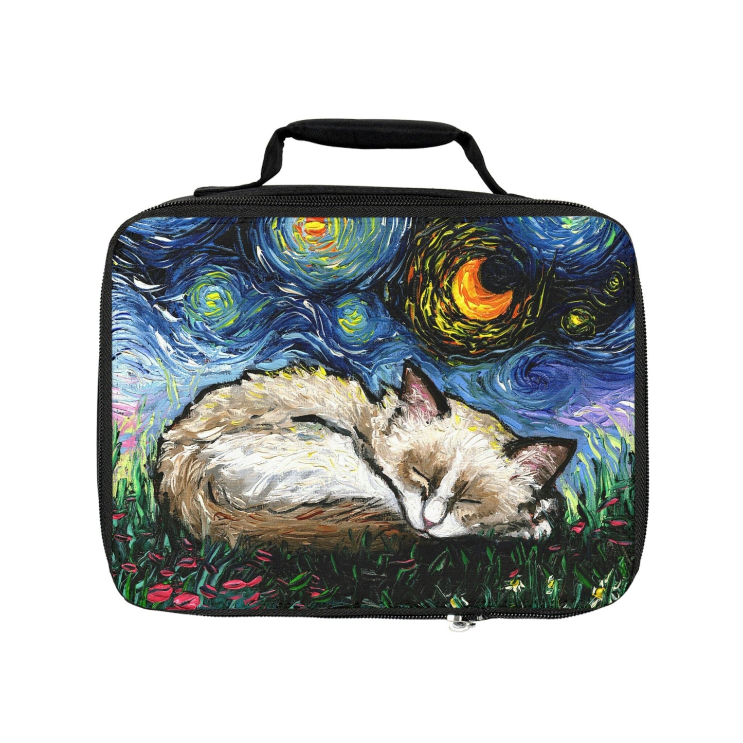 Lunch Bag  Sleeping Ragdoll Kitten Starry Night Cat 9.5x7x2.8 inches Insulated Lunch Box Art by Aja
