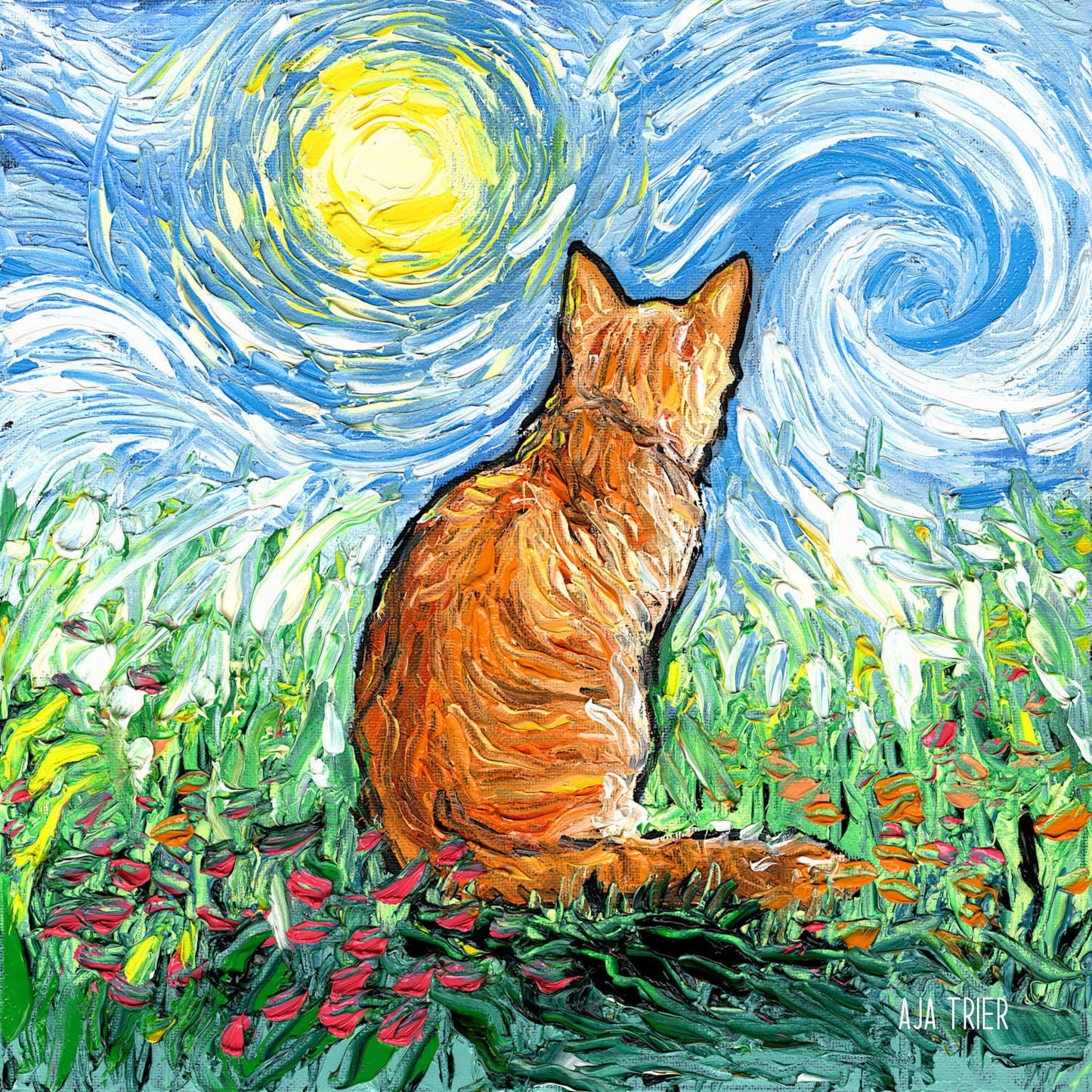 Orange Tabby Cat Impressionist Spring Morning Art CANVAS print Ready to Hang wall decor artwork display by Aja animal home Kitty