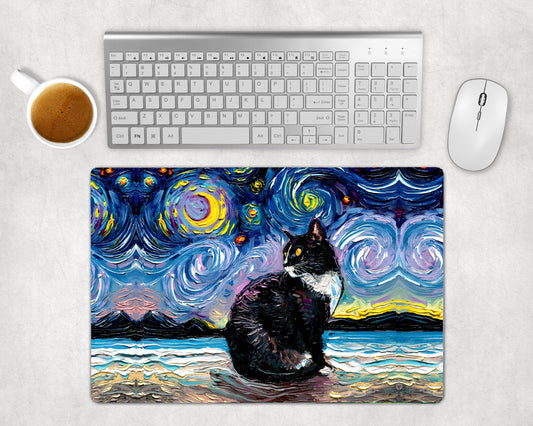 Desk Mats  Yellow Eye White Nose Tuxedo Cat On The Beach Art By Aja Mouse Pad Gaming Keyboard Mat 3 Sizes To Choose From
