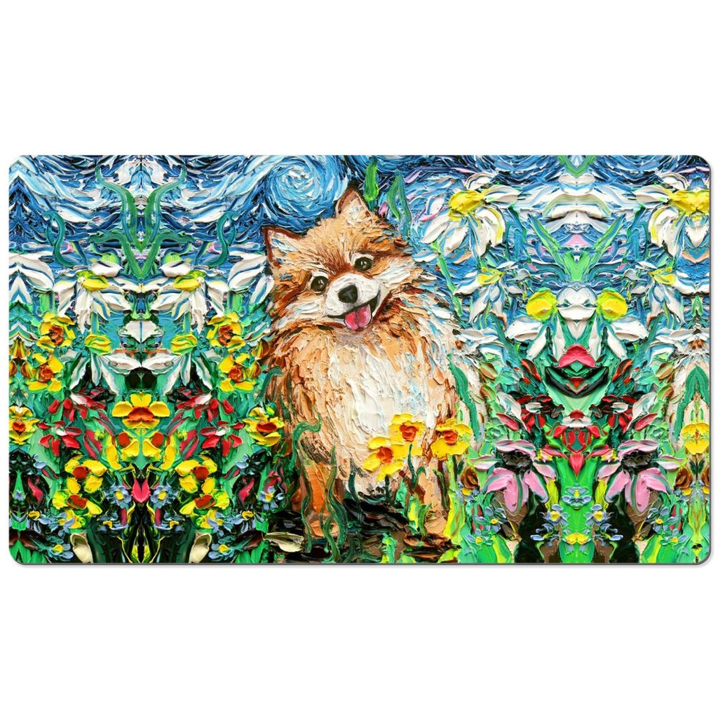 Desk Mats  Happy Pomeranian Starry Night Dog Spring Flowers Art By Aja Mouse Pad Gaming Keyboard Mat 3 Sizes To Choose From