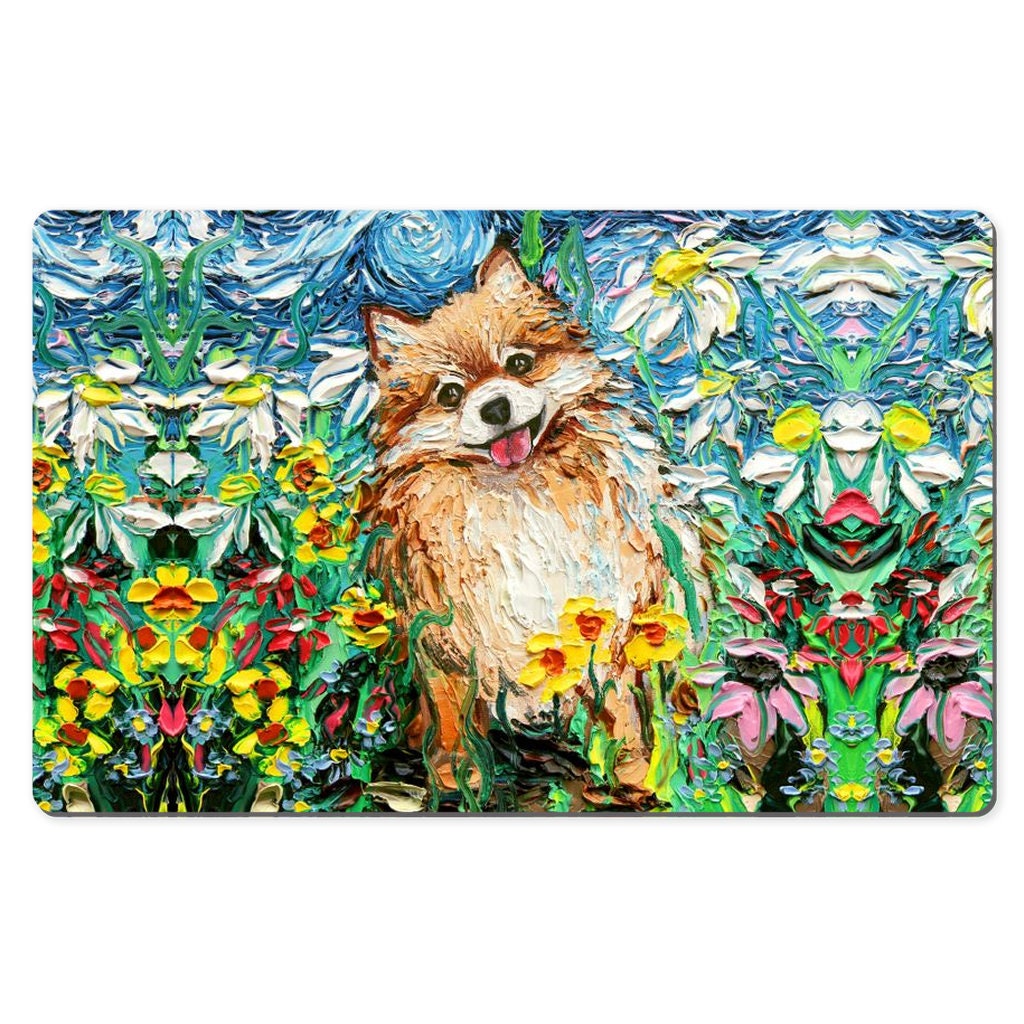 Desk Mats  Happy Pomeranian Starry Night Dog Spring Flowers Art By Aja Mouse Pad Gaming Keyboard Mat 3 Sizes To Choose From