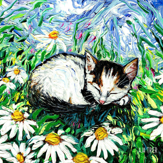 Sweet Dreams Sleeping Kitten Spring Flowers Cat Daisies Art Print picture by Aja choose size Photo Paper Watercolor Paper artwork home decor