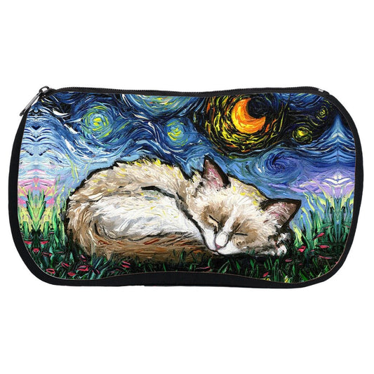 Sleeping Ragdoll Kitten Cat On The Beach Starry Night Art Cosmetic Bag Neoprene Rubber Colorful Makeup Pouch Travel Bag Art By Aja Artwork