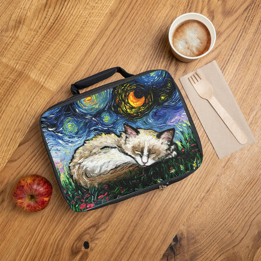 Lunch Bag  Sleeping Ragdoll Kitten Starry Night Cat 9.5x7x2.8 inches Insulated Lunch Box Art by Aja