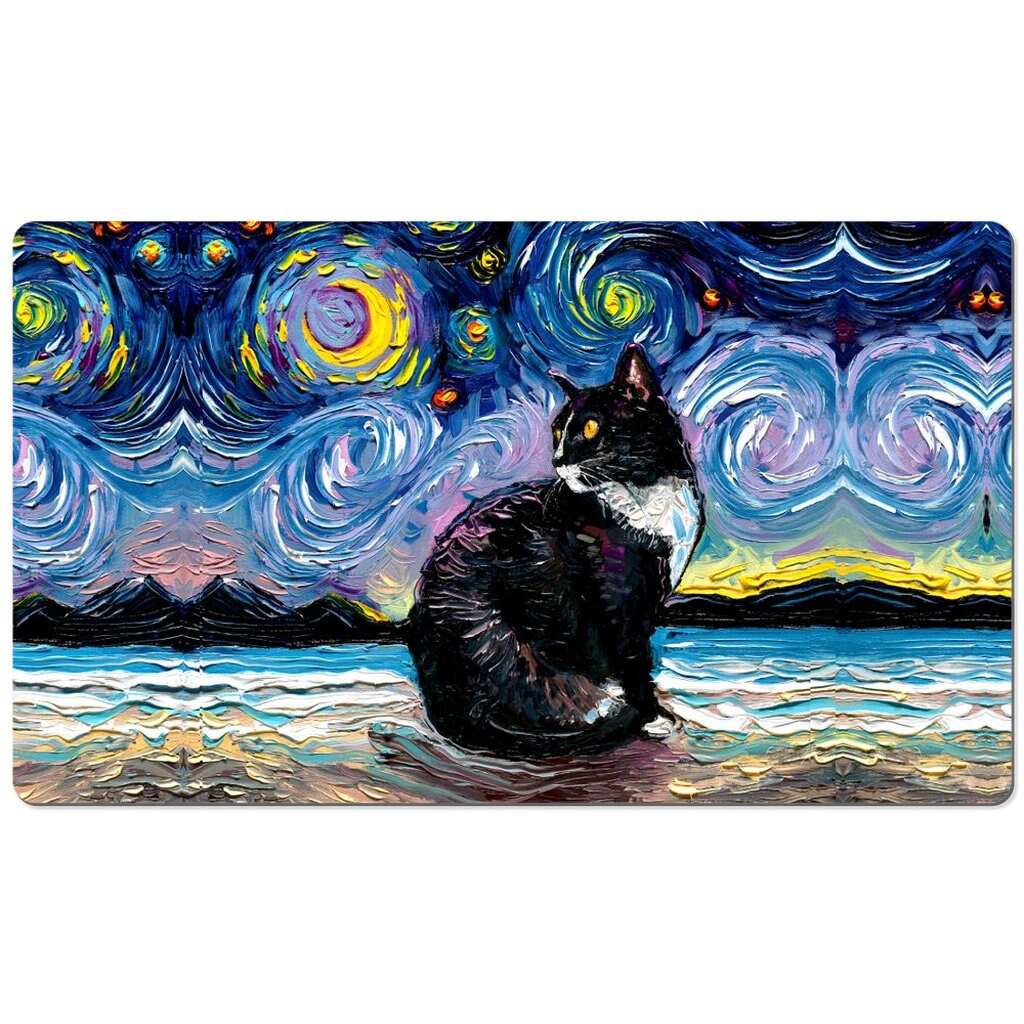 Desk Mats  Yellow Eye White Nose Tuxedo Cat On The Beach Art By Aja Mouse Pad Gaming Keyboard Mat 3 Sizes To Choose From