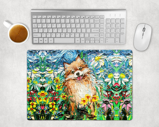 Desk Mats  Happy Pomeranian Starry Night Dog Spring Flowers Art By Aja Mouse Pad Gaming Keyboard Mat 3 Sizes To Choose From