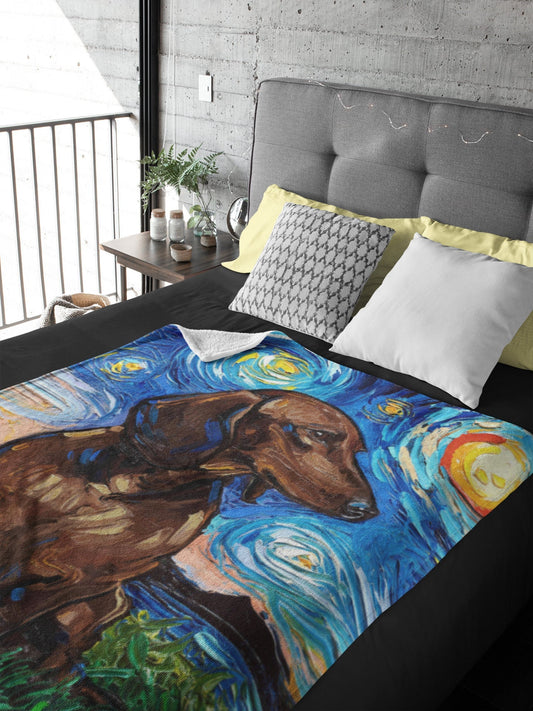 Minky Blanket  Chocolate Brown Short Hair Dachshund Starry Night Art By Aja Home Decor Choose from 3 sizes Free US Shipping
