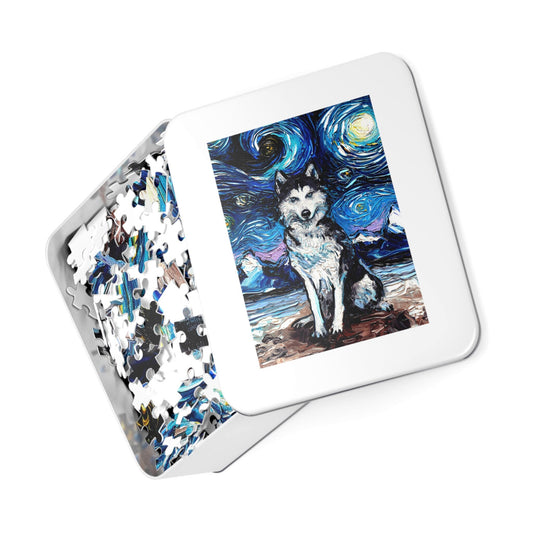 Premium Puzzle  Husky Starry Night Dog 110 252 or 500 pieces in Gift Tin Art By Aja Board Game Rainy Day Activity Free Us Shipping