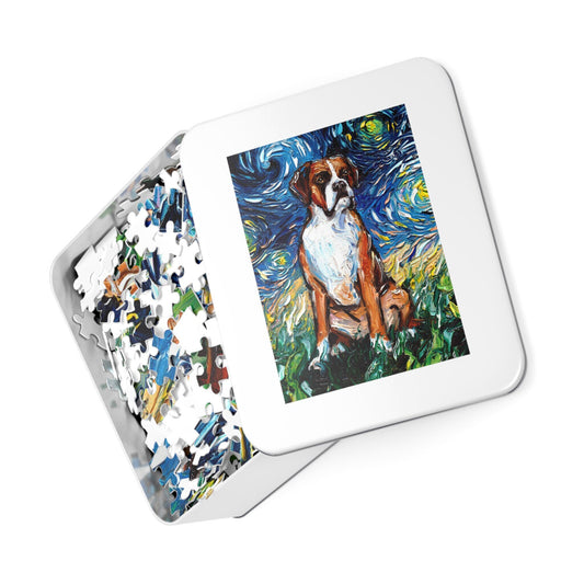 Premium Puzzle Boxer Dog Starry Night 120 pieces 8x10 252 pieces 10x14 or 500 pieces 16x20 in Gift Box Art By Aja Free Us Shipping