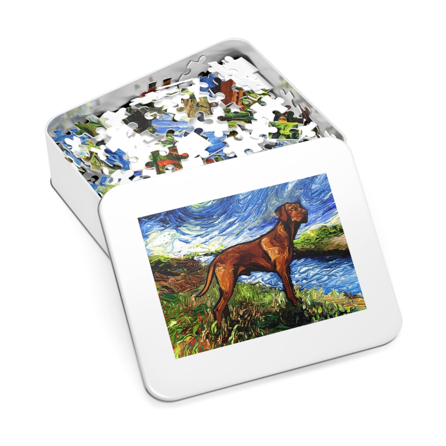 Premium Puzzle  Vizsla on a River Bank Starry Night Dog 110 252 or 500 Piece Puzzles in Gift Box Art By Aja Free US Shipping